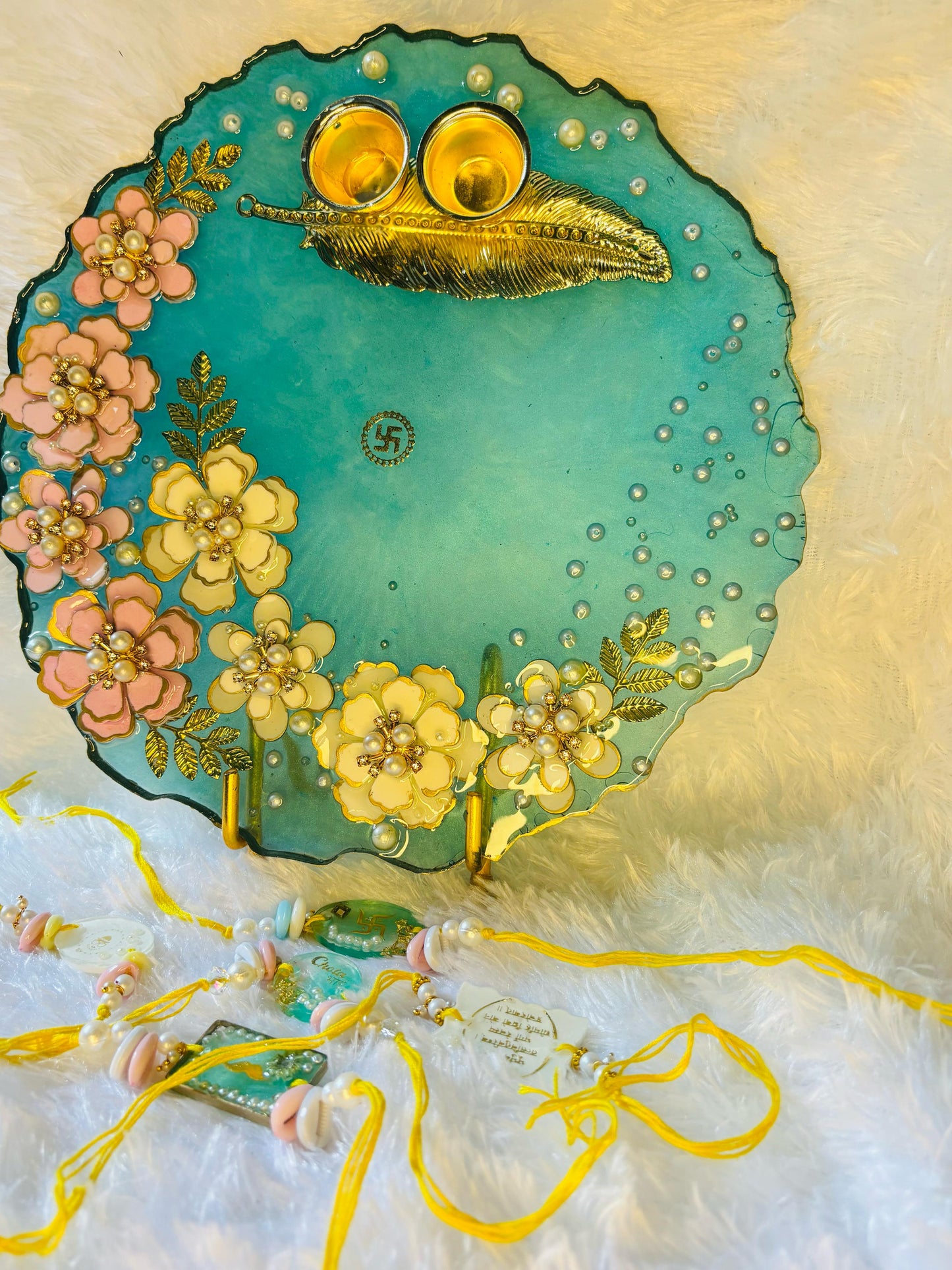 Handcrafted Floral Rakhi Set – Elegant Resin Art Design... Five Free Rakhis with POOJA THALI