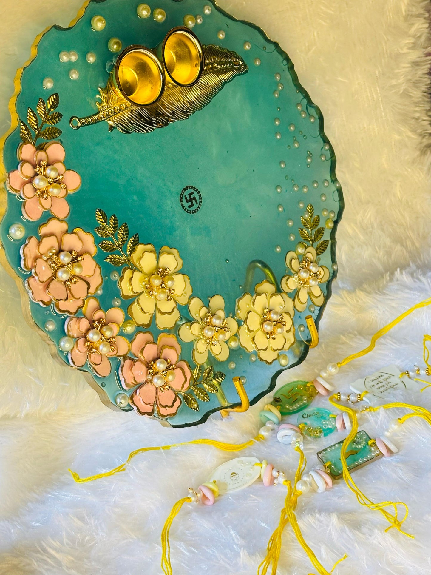 Handcrafted Floral Rakhi Set – Elegant Resin Art Design... Five Free Rakhis with POOJA THALI