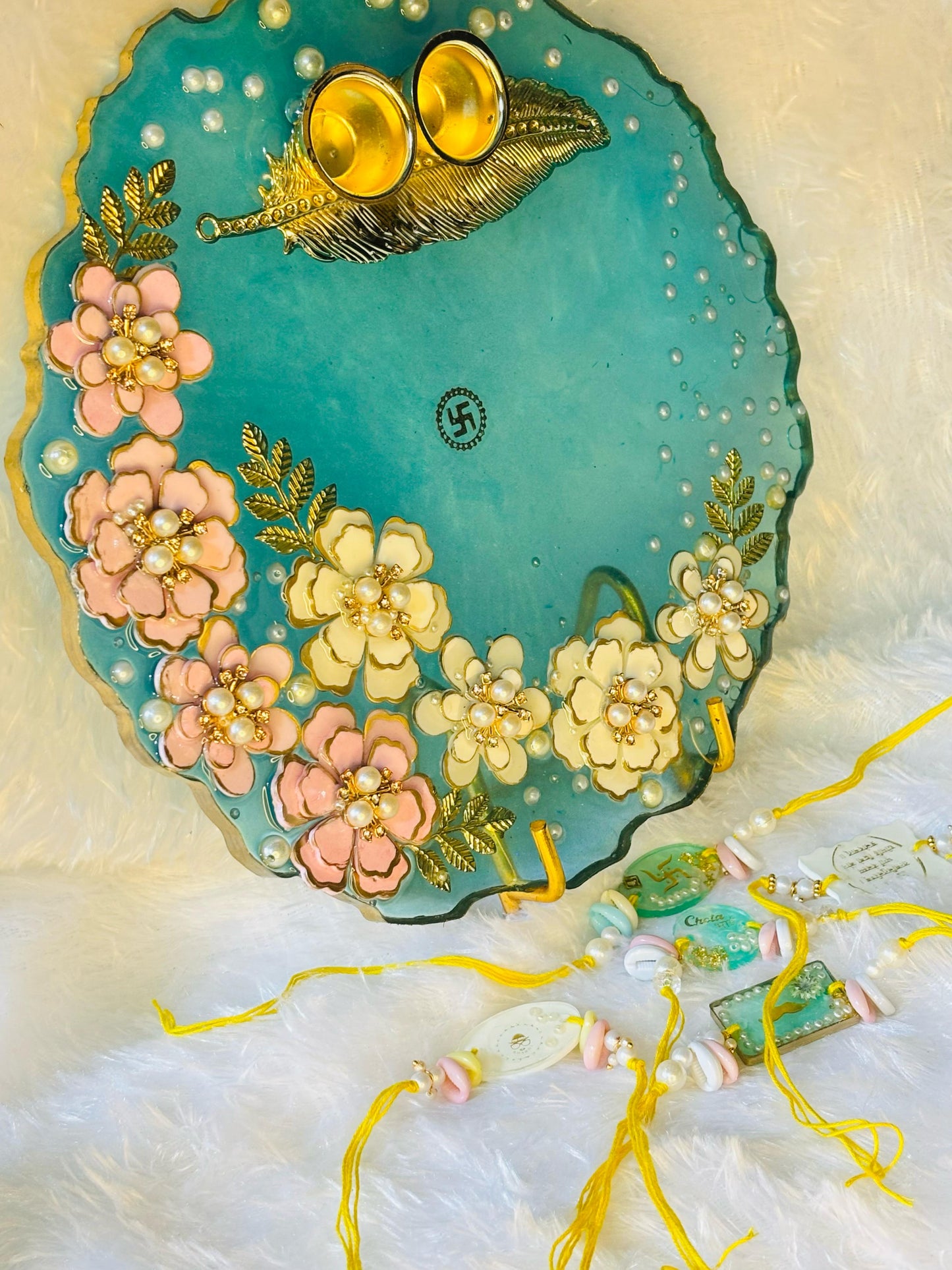 Handcrafted Floral Rakhi Set – Elegant Resin Art Design... Five Free Rakhis with POOJA THALI