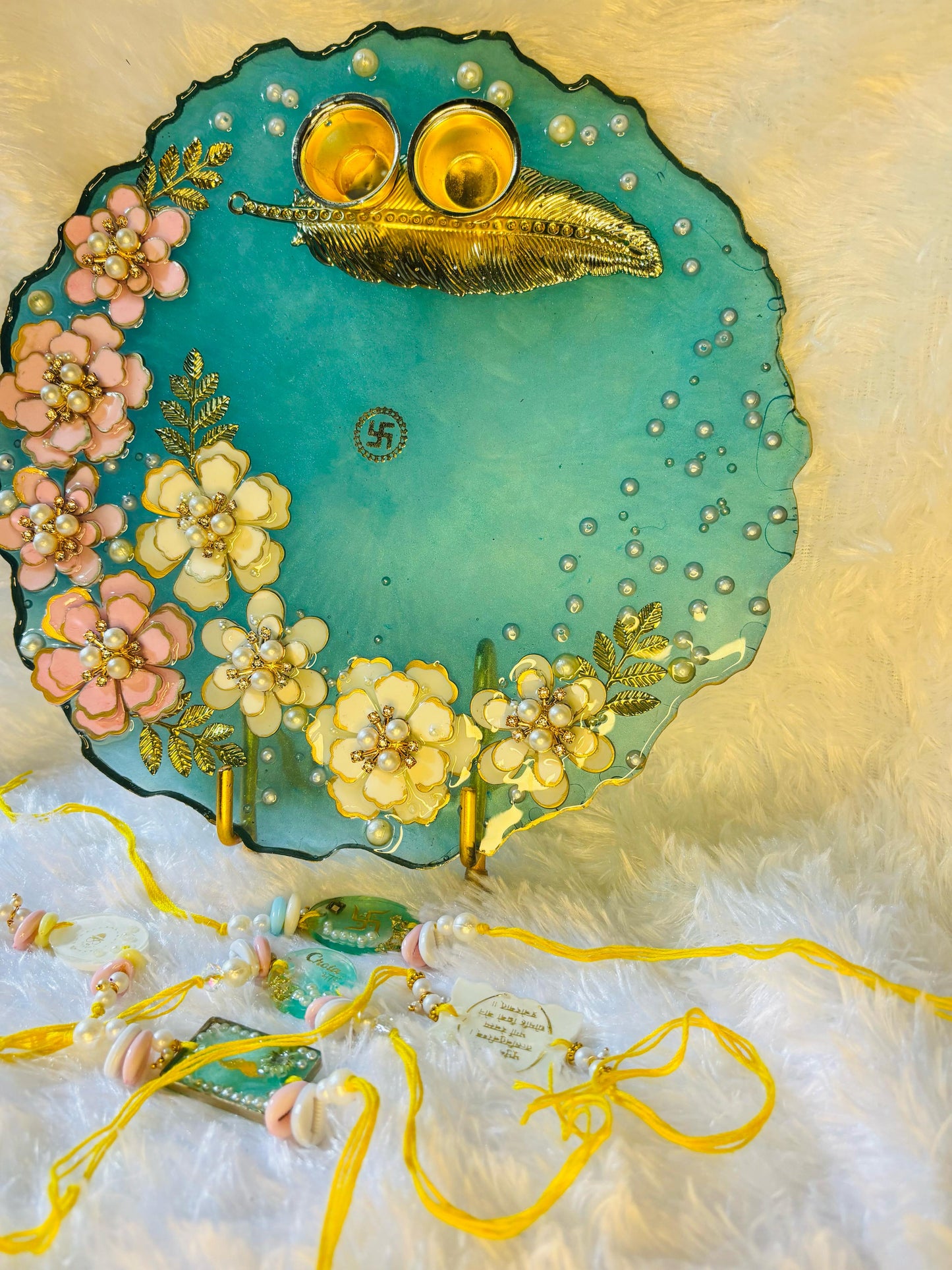 Handcrafted Floral Rakhi Set – Elegant Resin Art Design... Five Free Rakhis with POOJA THALI