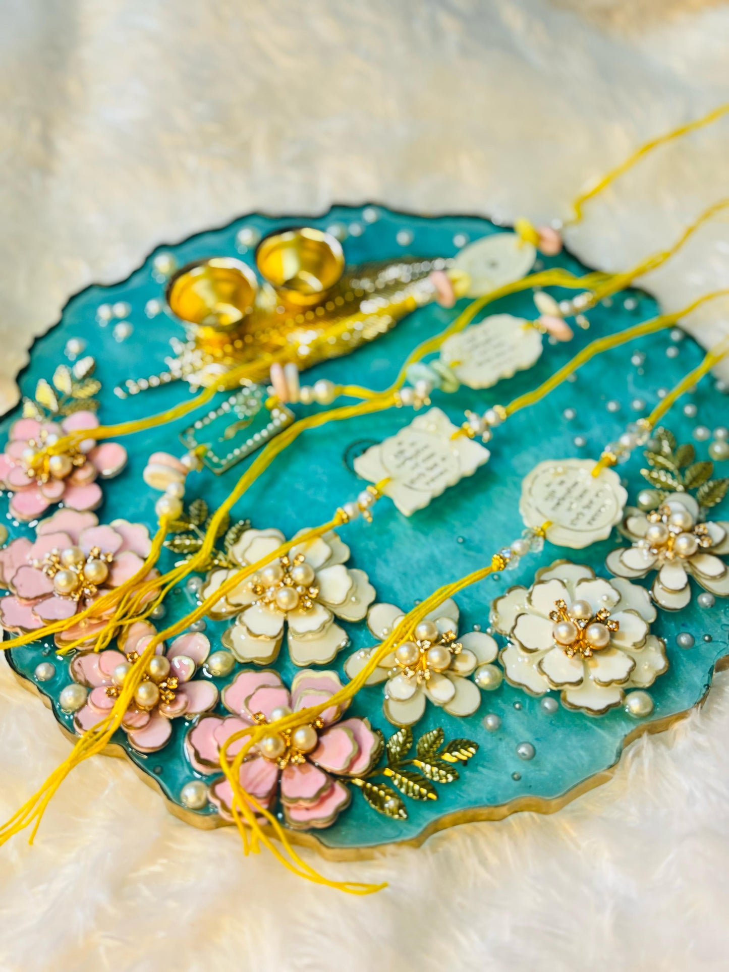 Handcrafted Floral Rakhi Set – Elegant Resin Art Design... Five Free Rakhis with POOJA THALI