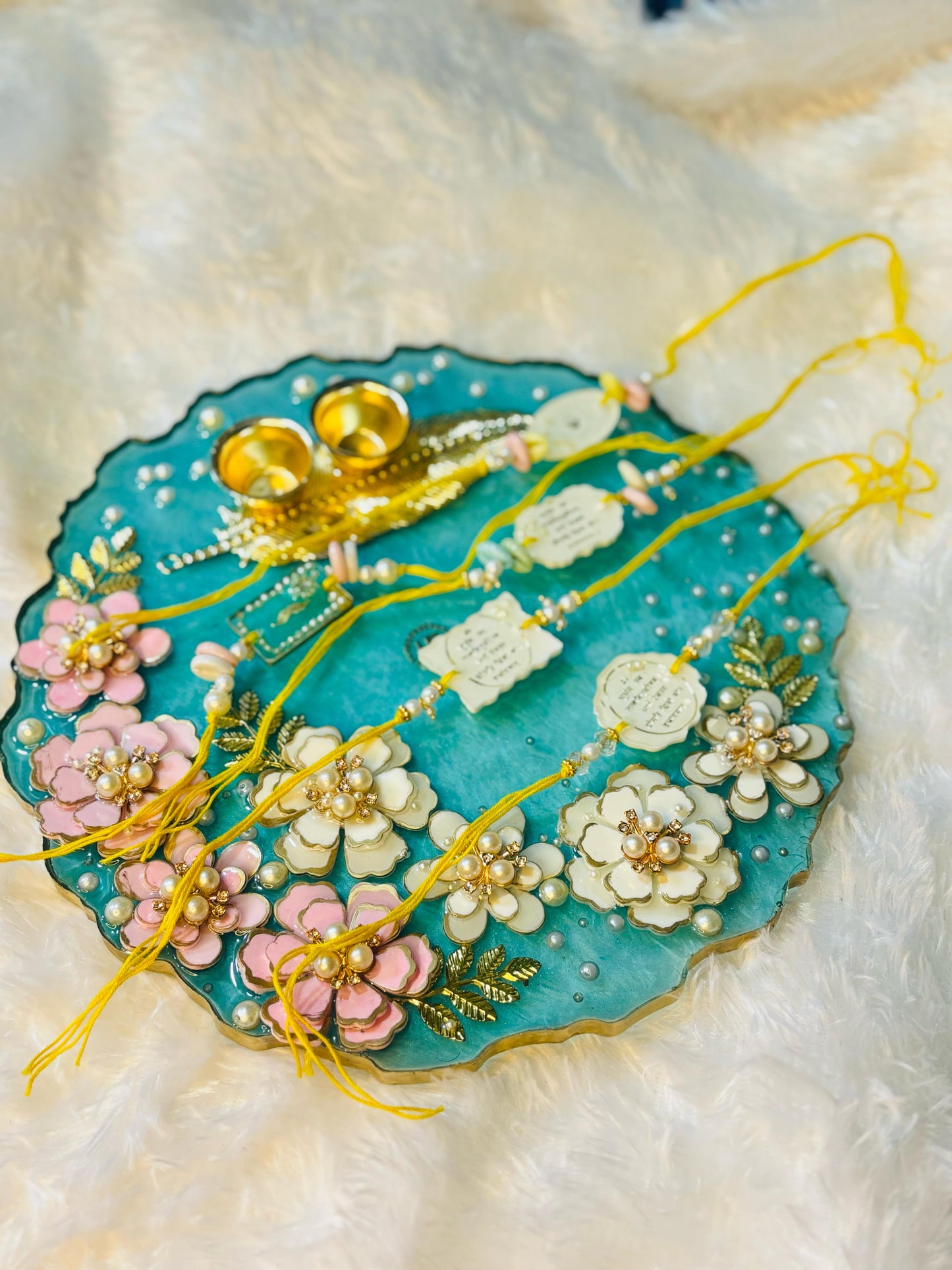 Handcrafted Floral Rakhi Set – Elegant Resin Art Design... Five Free Rakhis with POOJA THALI
