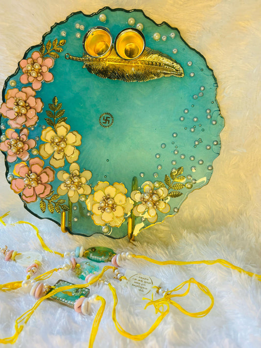 Handcrafted Floral Rakhi Set – Elegant Resin Art Design... Five Free Rakhis with POOJA THALI