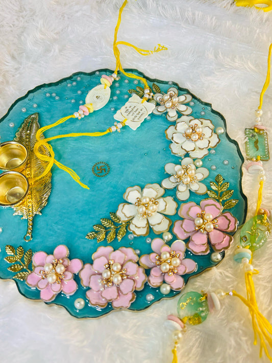 Handcrafted Floral Rakhi Set – Elegant Resin Art Design... Five Free Rakhis with POOJA THALI